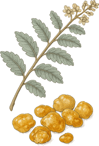 Boswellia serrata, resina e ramo con foglie, illustrazione botanica