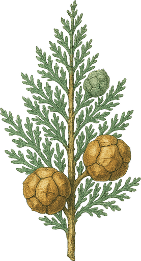 Cupressus sempervirens, rametto con coni, illustrazione botanica