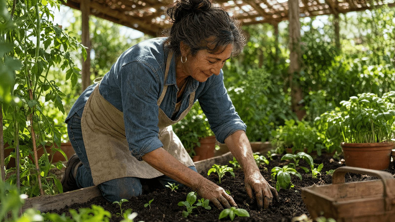 Donna inginocchiata in giardino mentre pianta, con il peso appoggiato sulle ginocchia
